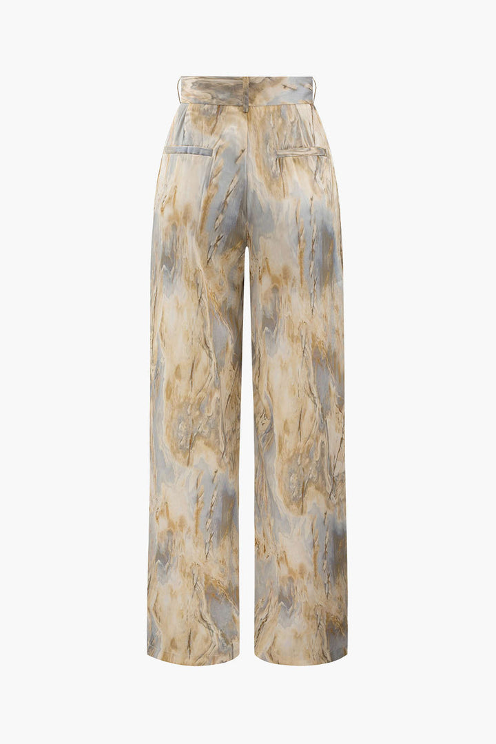 Jossara | Women's High-Waisted Marble Print Loose Fit Trousers-Metro Lane Plaza