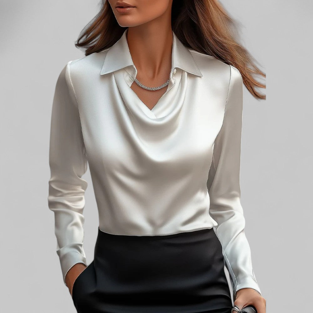Women's Draped Neck Long Sleeve Satin Blouse-Metro Lane Plaza