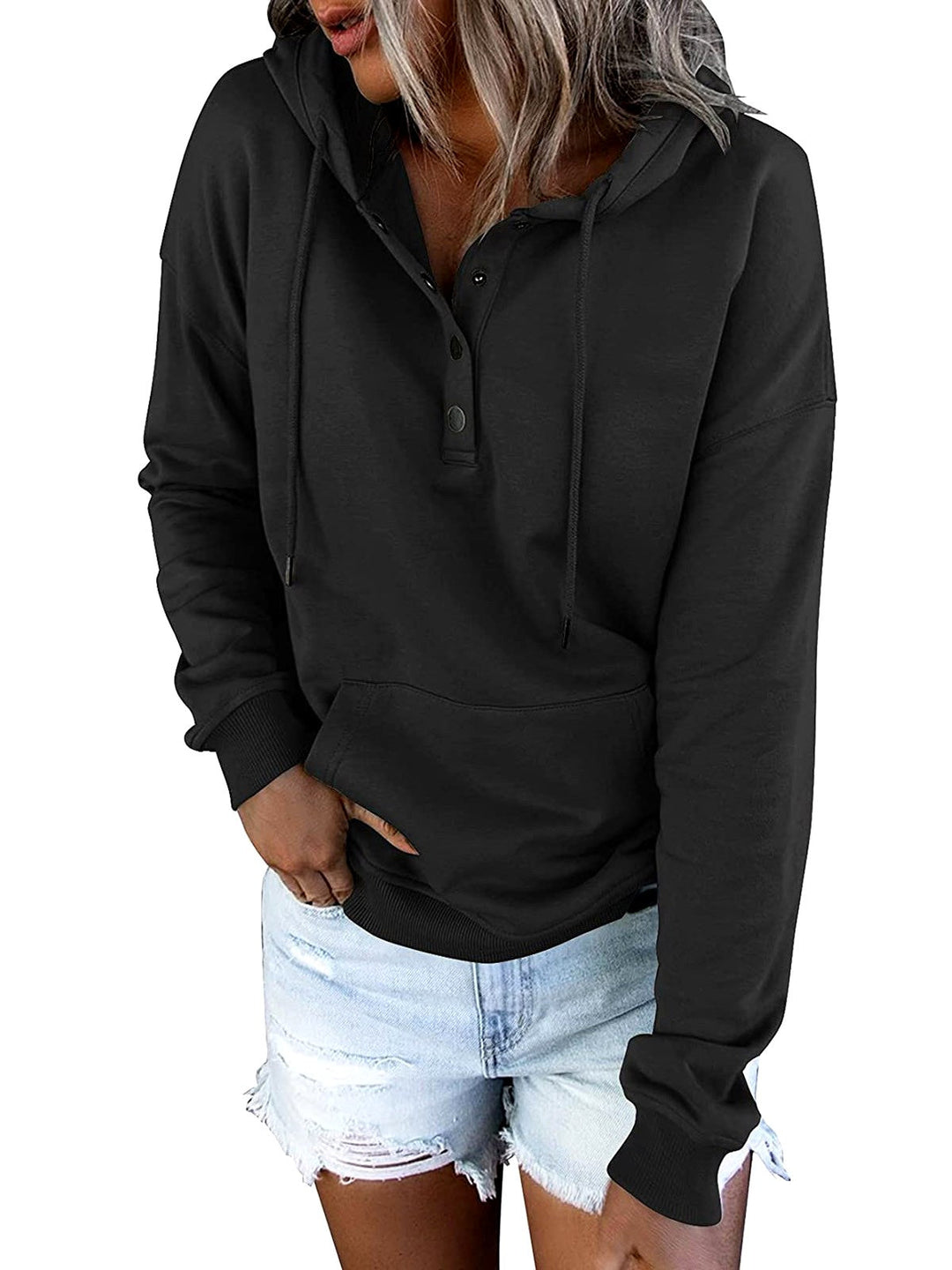 Sudadera con capucha holgada para mujer, estilo Henley y botones