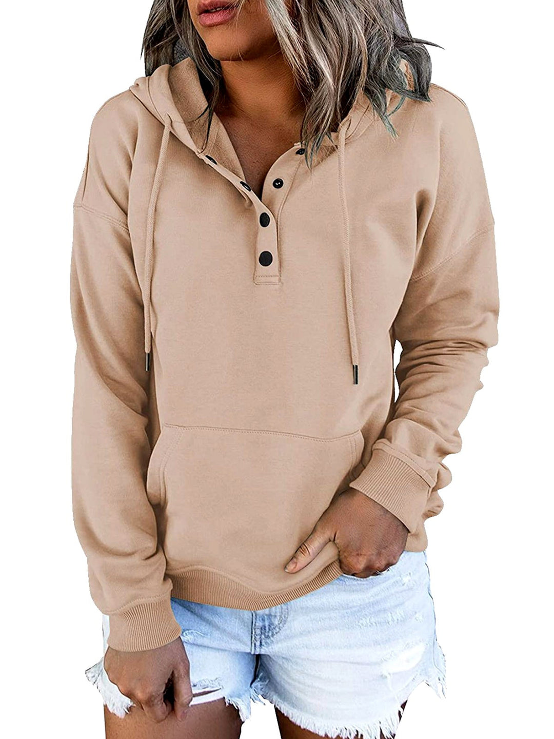 Sudadera con capucha holgada para mujer, estilo Henley y botones
