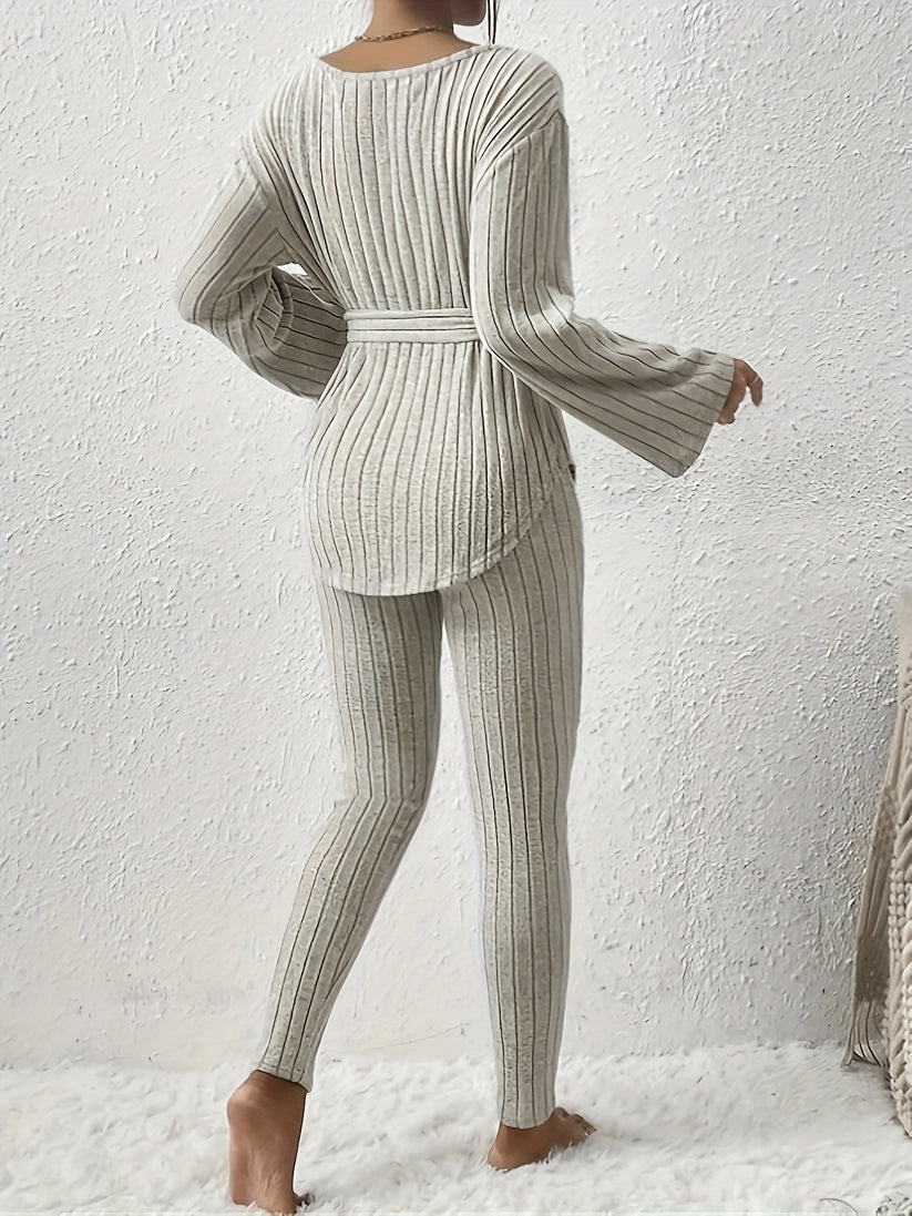 Kianna | Women's Ribbed Two-Piece Set with Tie Detail and Relaxed Fit-Metro Lane Plaza
