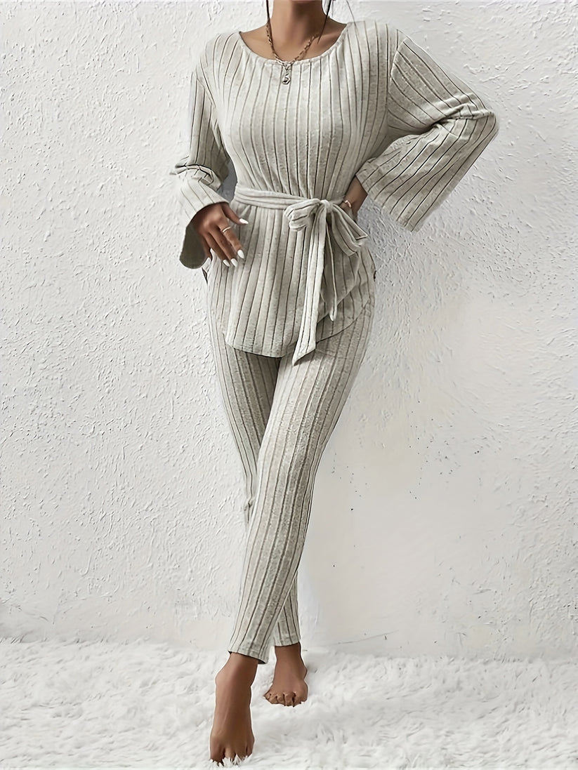 Kianna | Women's Ribbed Two-Piece Set with Tie Detail and Relaxed Fit-Metro Lane Plaza