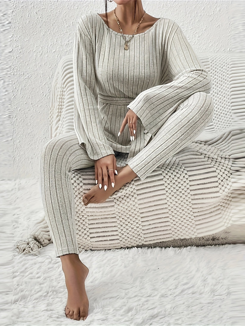 Kianna | Women's Ribbed Two-Piece Set with Tie Detail and Relaxed Fit-Metro Lane Plaza