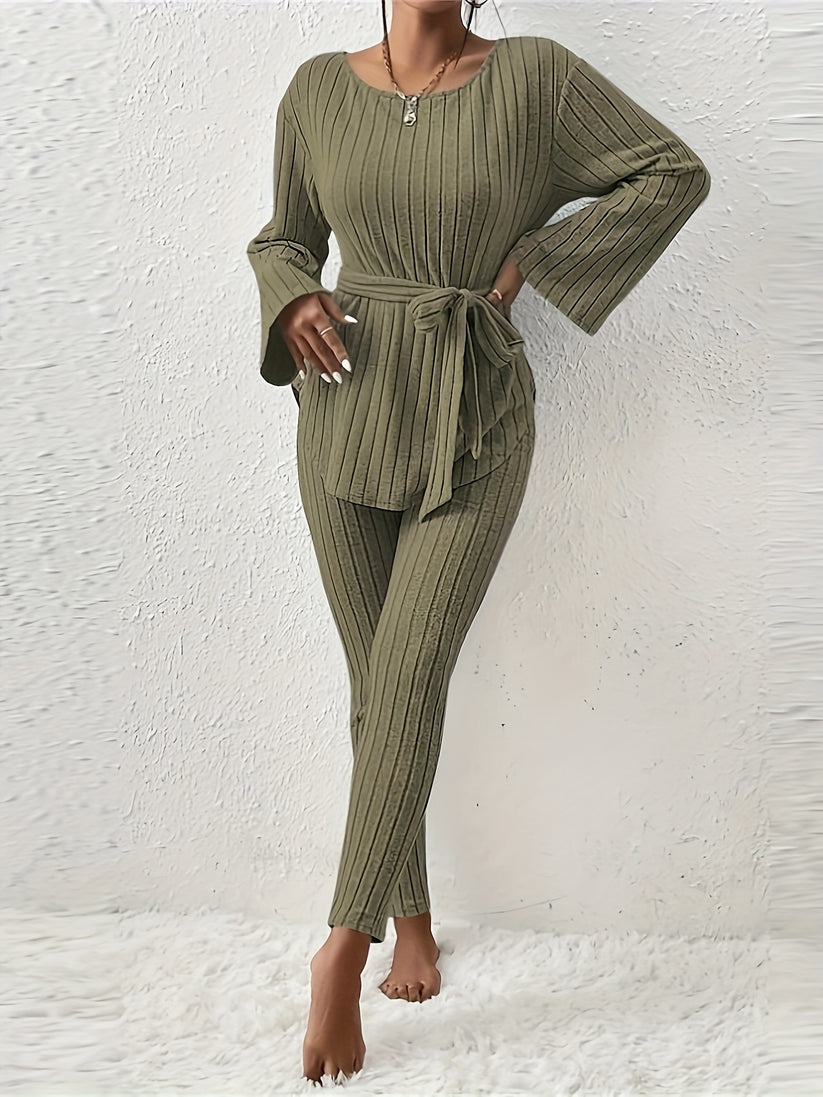 Kianna | Women's Ribbed Two-Piece Set with Tie Detail and Relaxed Fit-Metro Lane Plaza