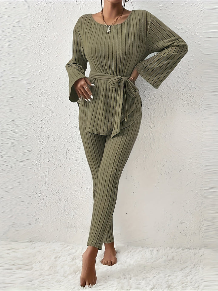 Kianna | Women's Ribbed Two-Piece Set with Tie Detail and Relaxed Fit-Metro Lane Plaza