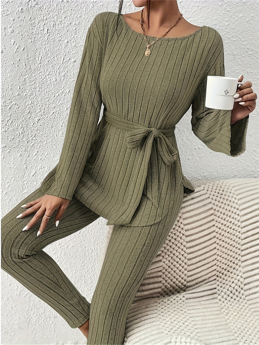 Kianna | Women's Ribbed Two-Piece Set with Tie Detail and Relaxed Fit-Metro Lane Plaza