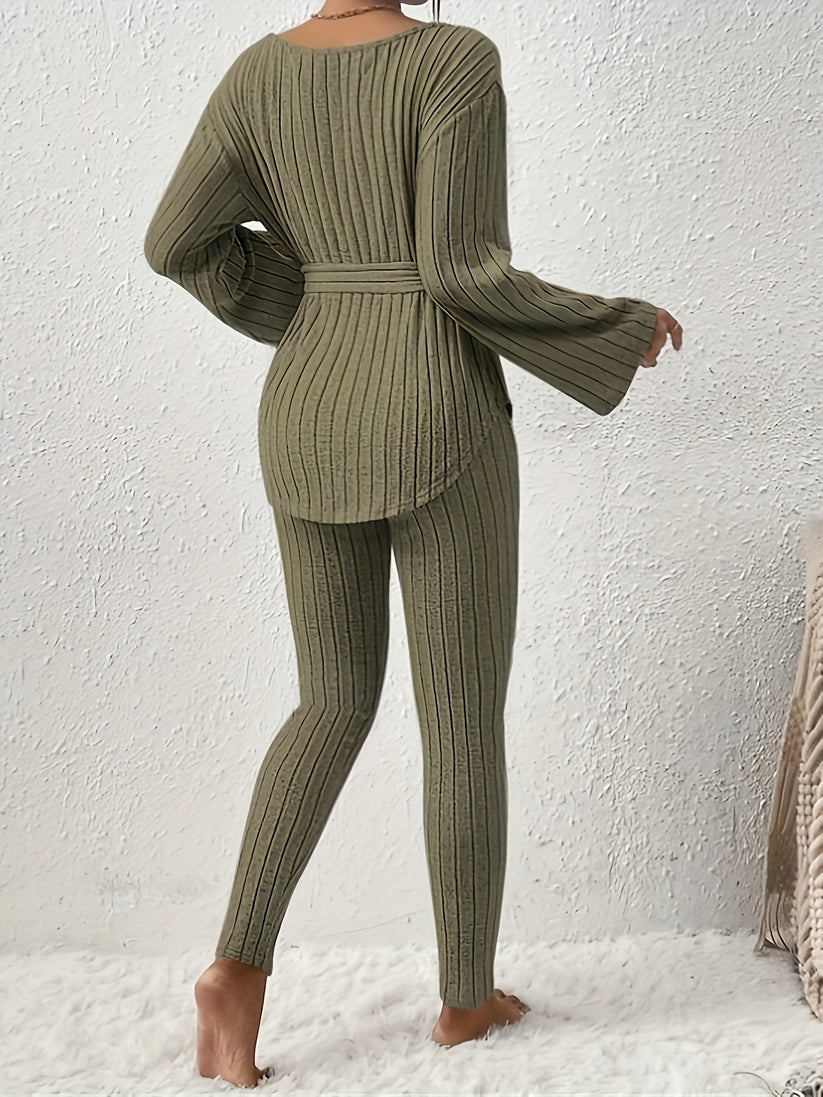 Kianna | Women's Ribbed Two-Piece Set with Tie Detail and Relaxed Fit-Metro Lane Plaza
