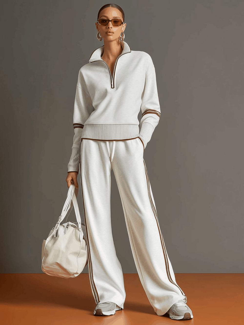 Women's Retro Sporty Set with Half-Zip Sweater and Wide Leg Pants-Metro Lane Plaza