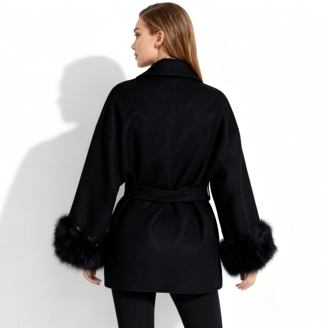 Women's Belted Wool-Cashmere Coat with Fur Cuffs - Black