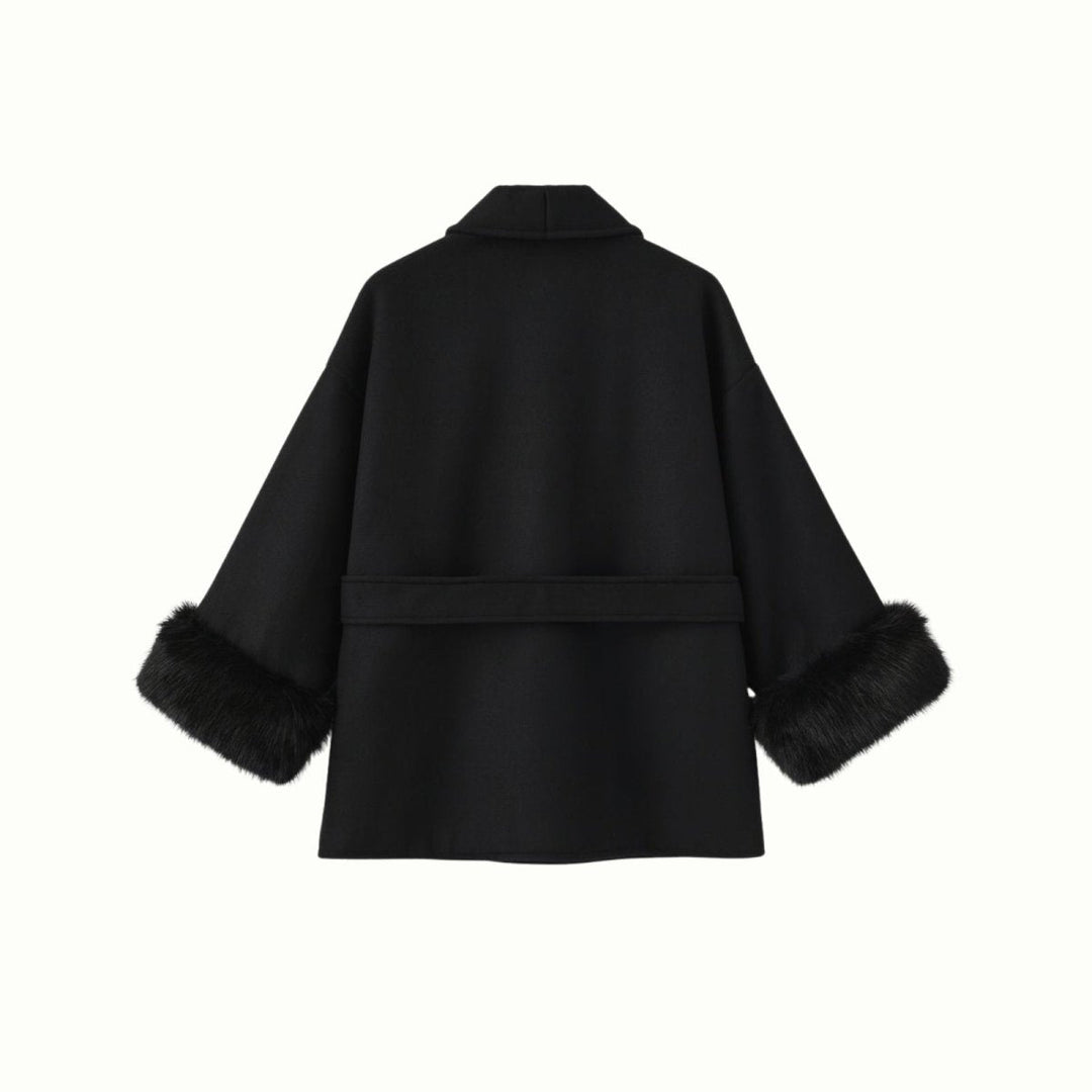 Women's Belted Wool-Cashmere Coat with Fur Cuffs - Black
