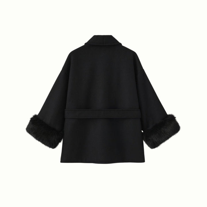 Women's Belted Wool-Cashmere Coat with Fur Cuffs - Black