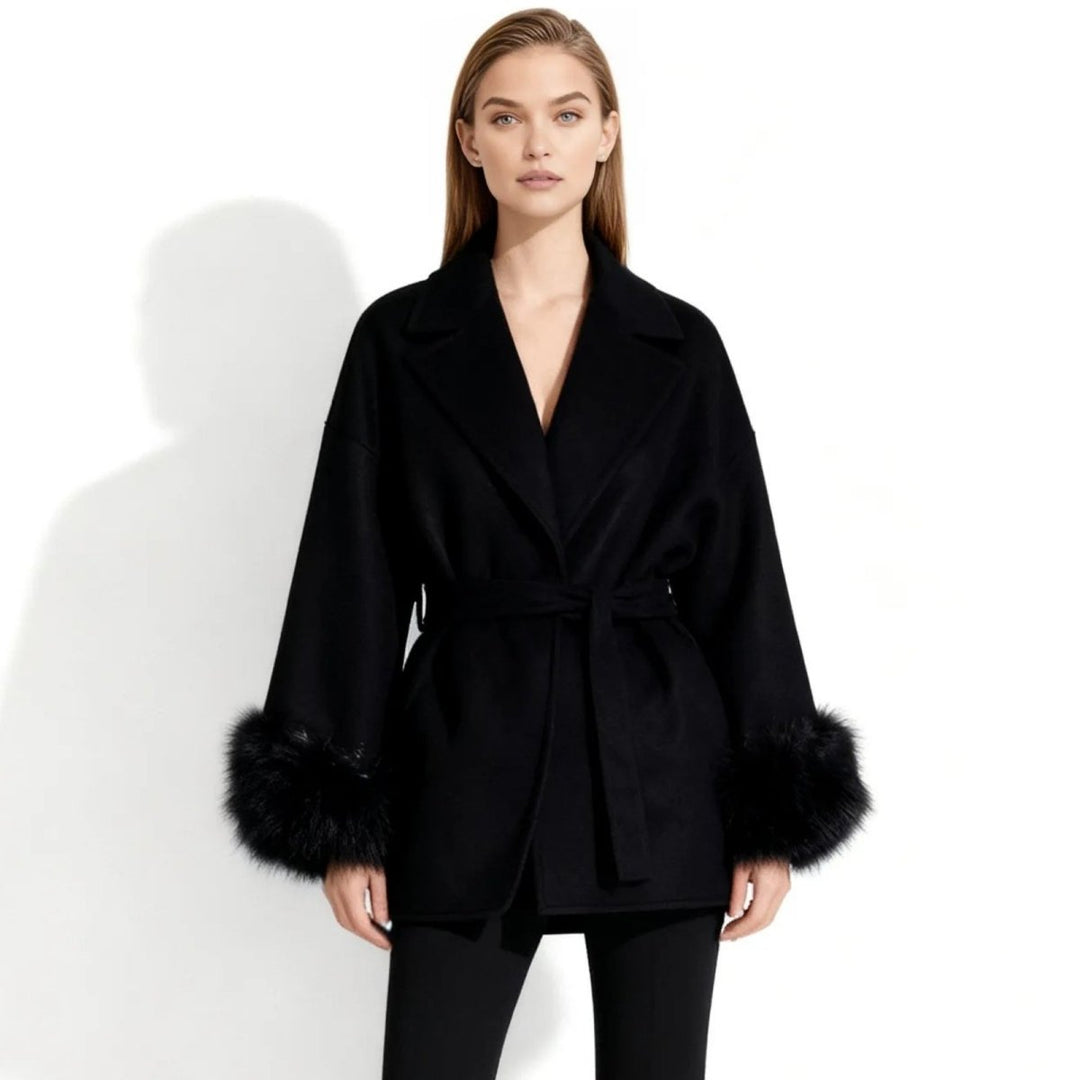 Women's Belted Wool-Cashmere Coat with Fur Cuffs - Black