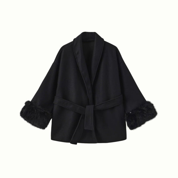 Women's Belted Wool-Cashmere Coat with Fur Cuffs - Black