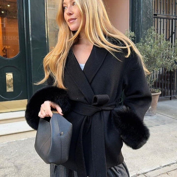 Women's Belted Wool-Cashmere Coat with Fur Cuffs - Black