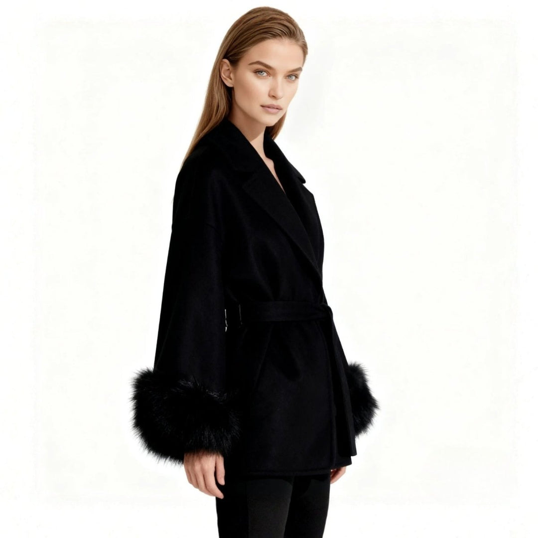 Women's Belted Wool-Cashmere Coat with Fur Cuffs - Black