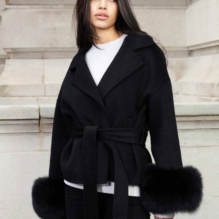 Women's Belted Wool-Cashmere Coat with Fur Cuffs - Black