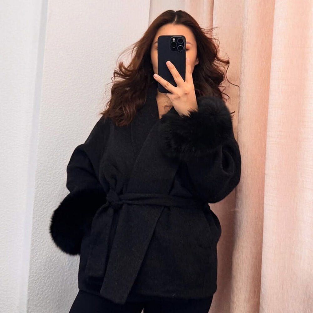 Women's Belted Wool-Cashmere Coat with Fur Cuffs - Black