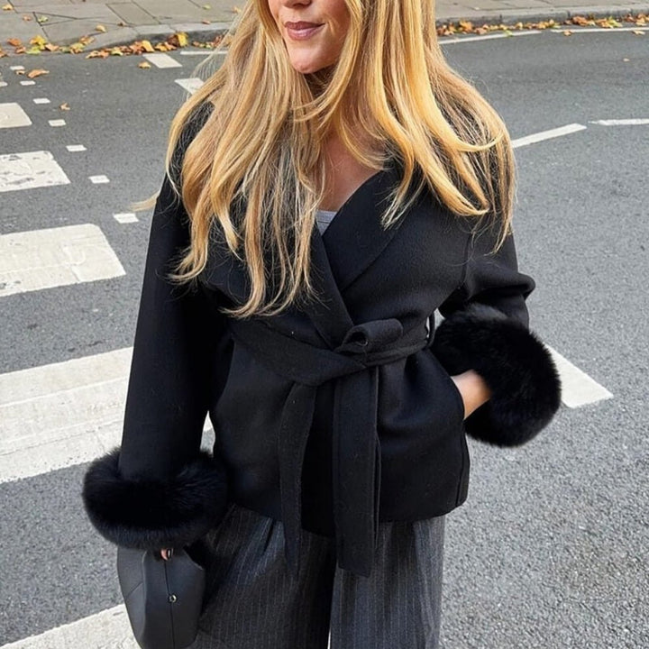 Women's Belted Wool-Cashmere Coat with Fur Cuffs - Black