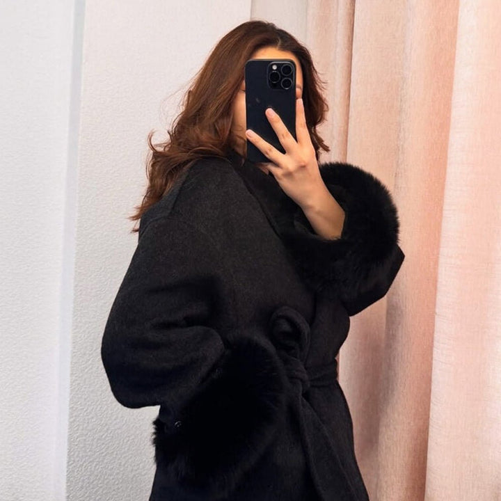 Women's Belted Wool-Cashmere Coat with Fur Cuffs - Black