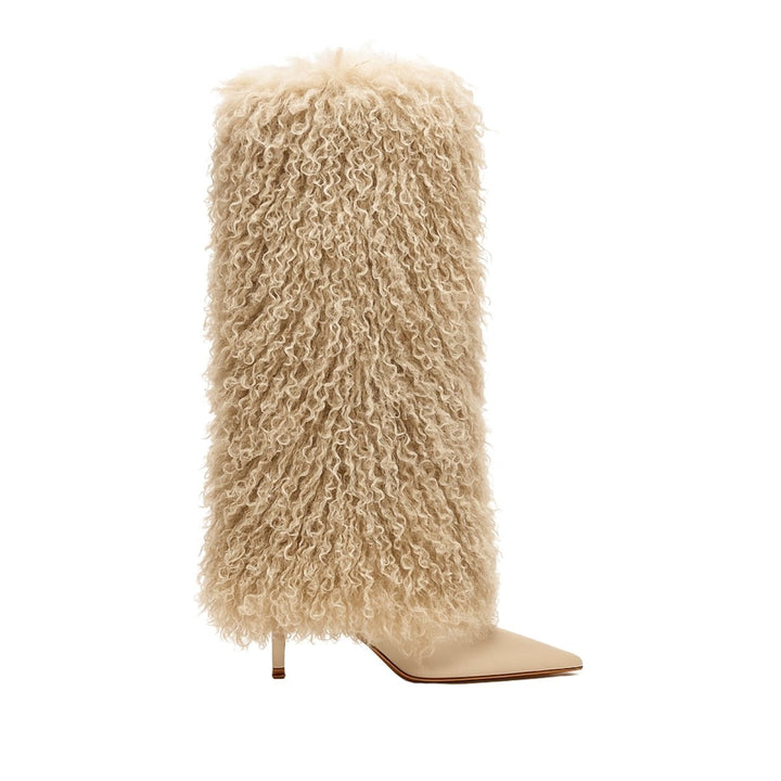 Botas de mulher em pele de carneiro, de bico fino e salto agulha