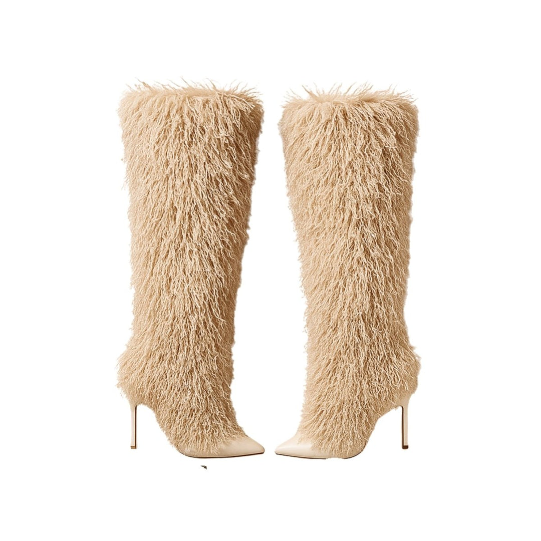 Botas de mulher em pele de carneiro, de bico fino e salto agulha
