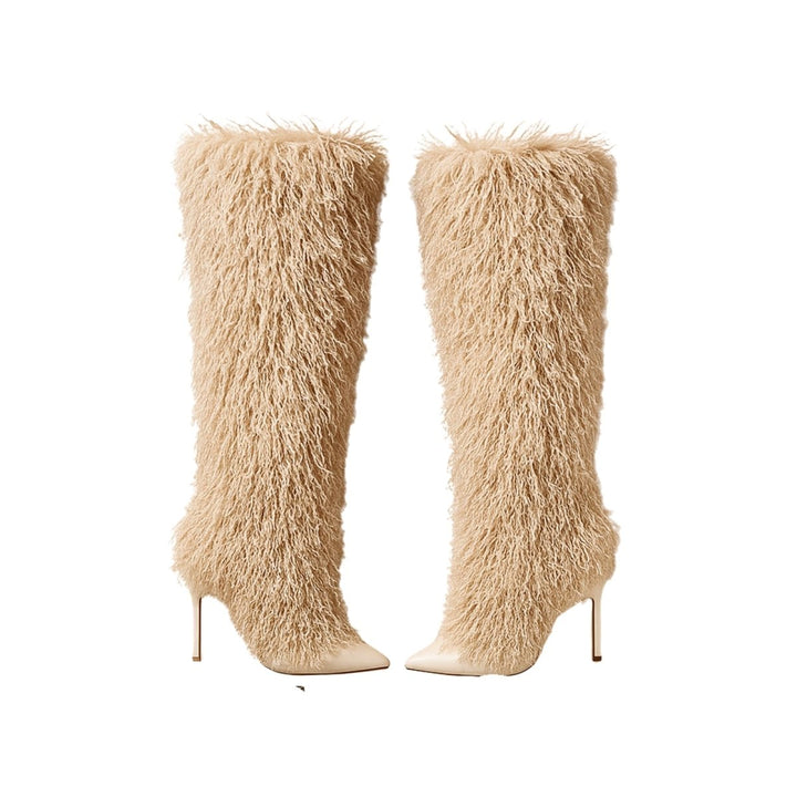 Botas de mulher em pele de carneiro, de bico fino e salto agulha