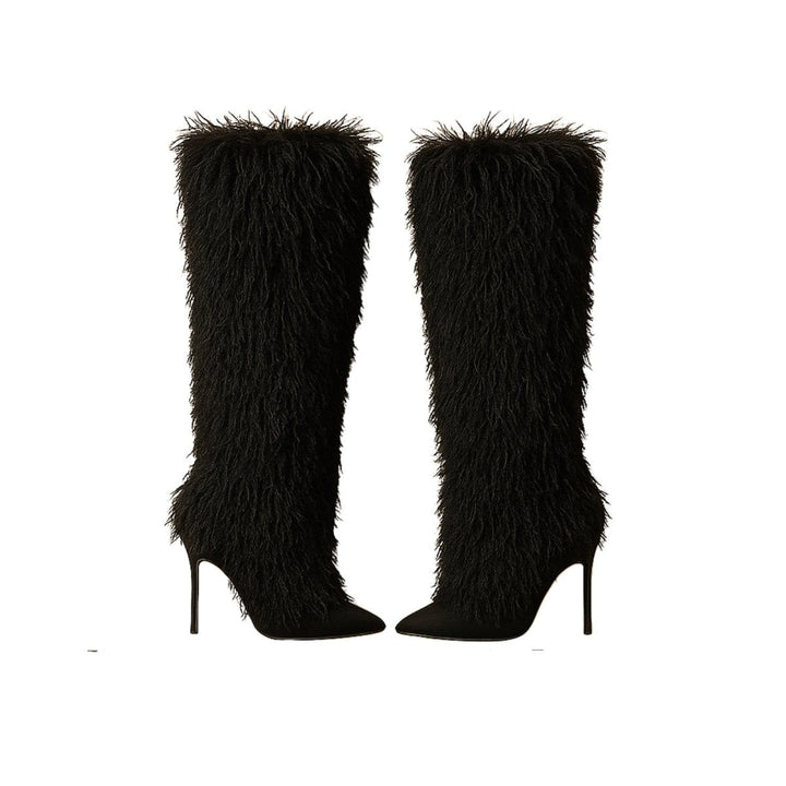 Botas de mulher em pele de carneiro, de bico fino e salto agulha