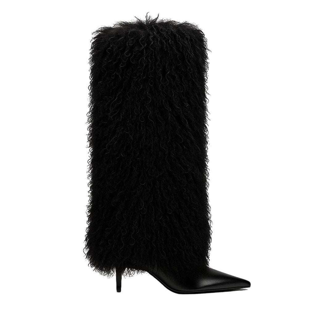 Botas de mulher em pele de carneiro, de bico fino e salto agulha