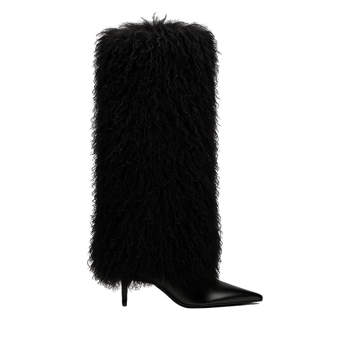 Botas de mulher em pele de carneiro, de bico fino e salto agulha
