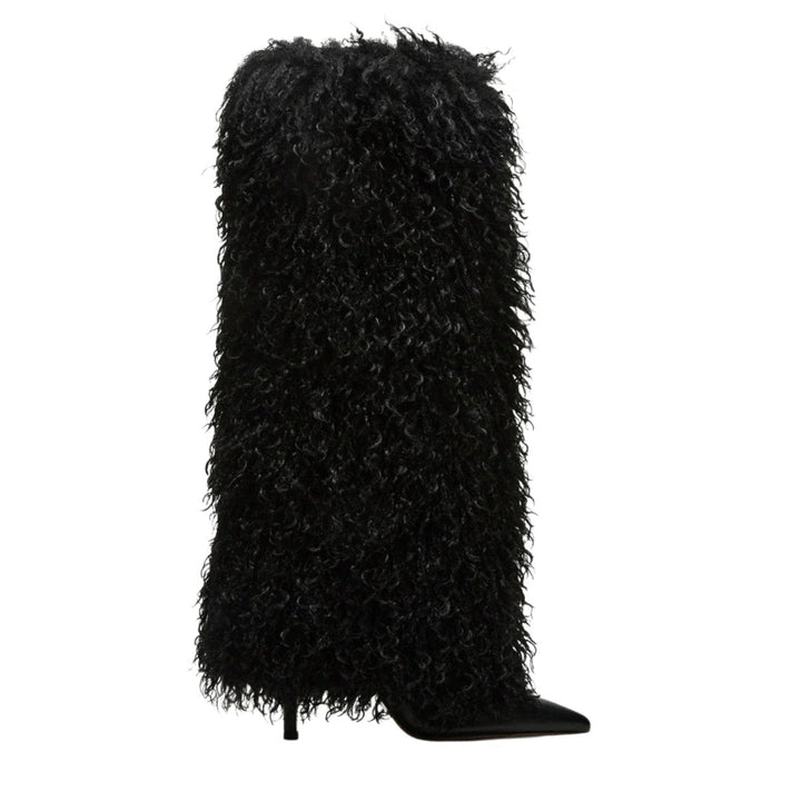 Botas de mulher em pele de carneiro, de bico fino e salto agulha