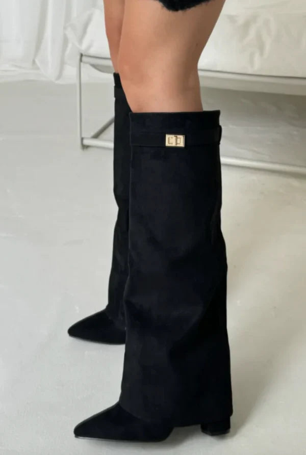 Women's Block Heel Boots with Elegant Fit and Buckle in Suede or Leather-Metro Lane Plaza