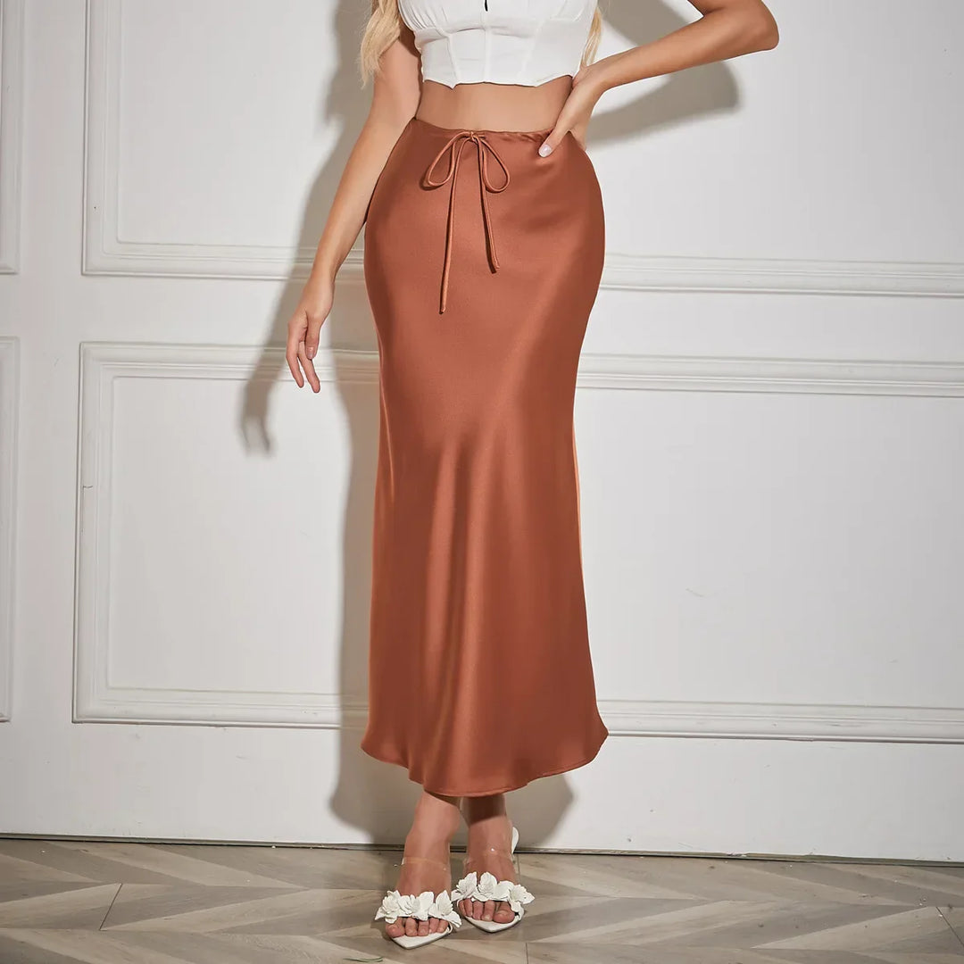 Women's Elegant Long Satin Skirt with Comfortable Elastic Waist-Metro Lane Plaza