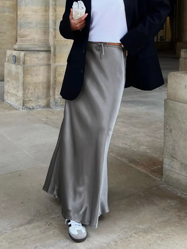 Women's Elegant Long Satin Skirt with Comfortable Elastic Waist-Metro Lane Plaza