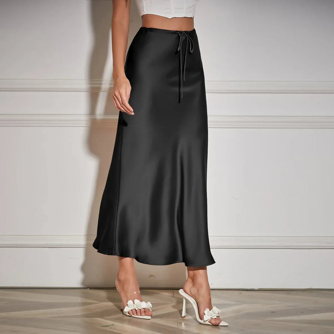 Women's Elegant Long Satin Skirt with Comfortable Elastic Waist-Metro Lane Plaza