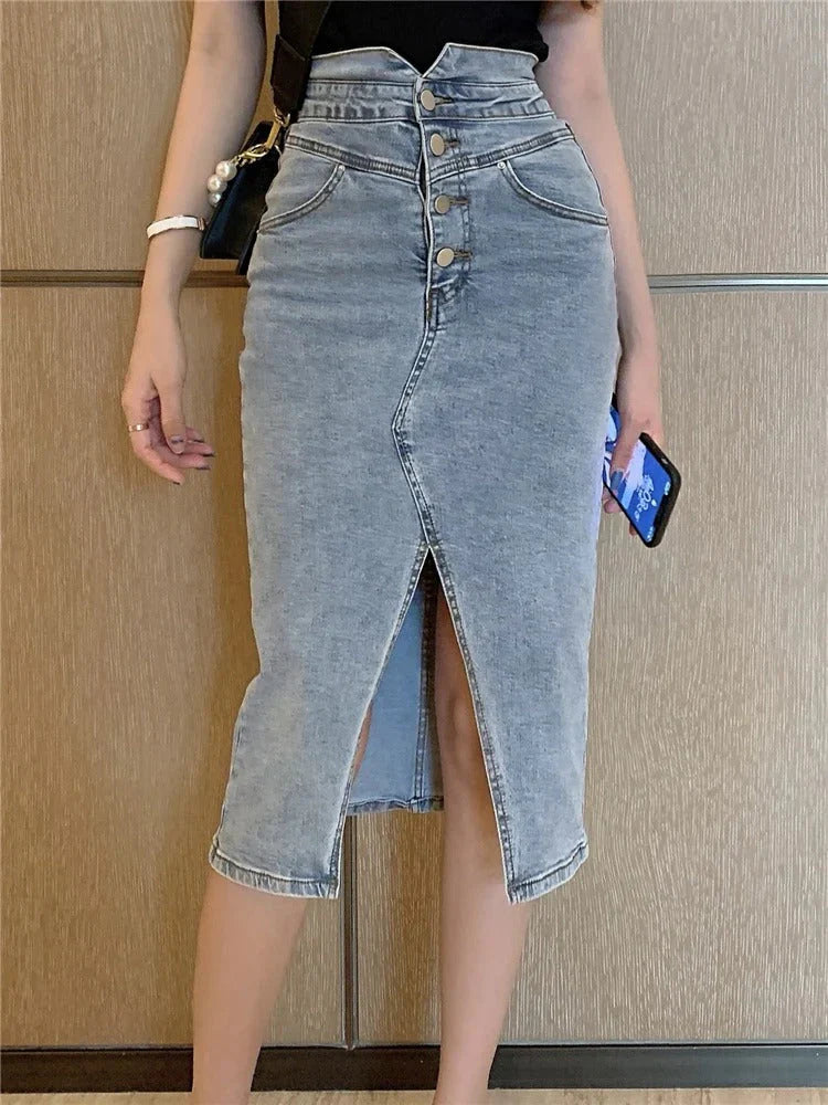 Women's Midi Denim Skirt-Metro Lane Plaza