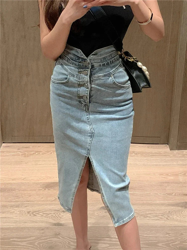 Women's Midi Denim Skirt-Metro Lane Plaza