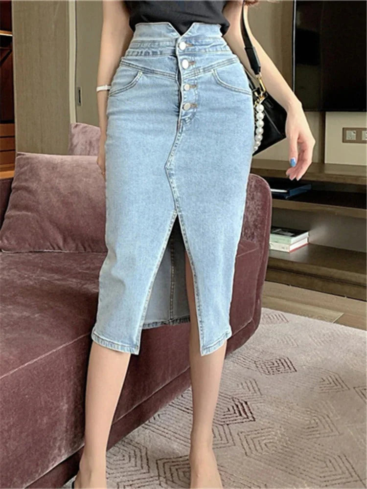Women's Midi Denim Skirt-Metro Lane Plaza