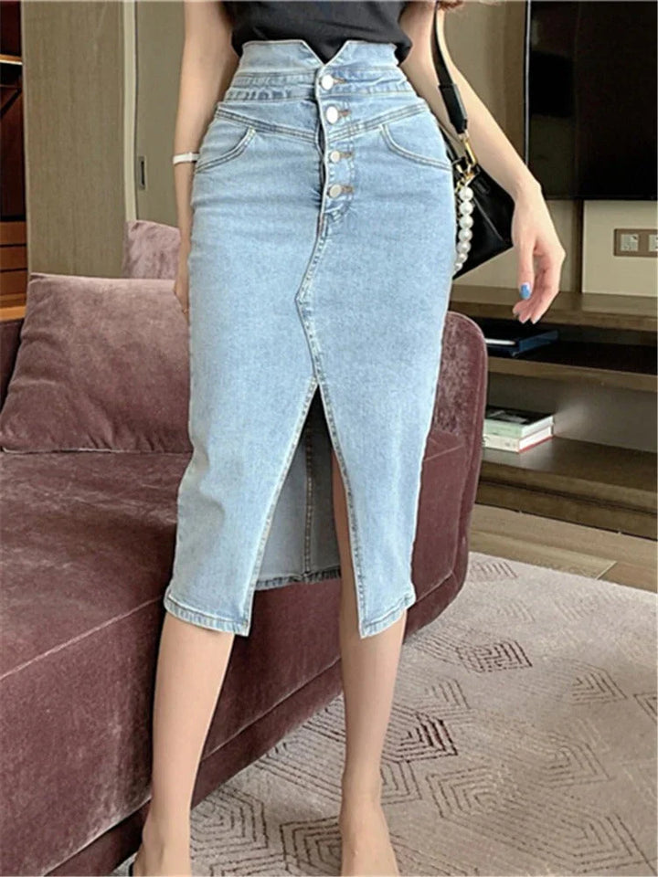 Women's Midi Denim Skirt-Metro Lane Plaza