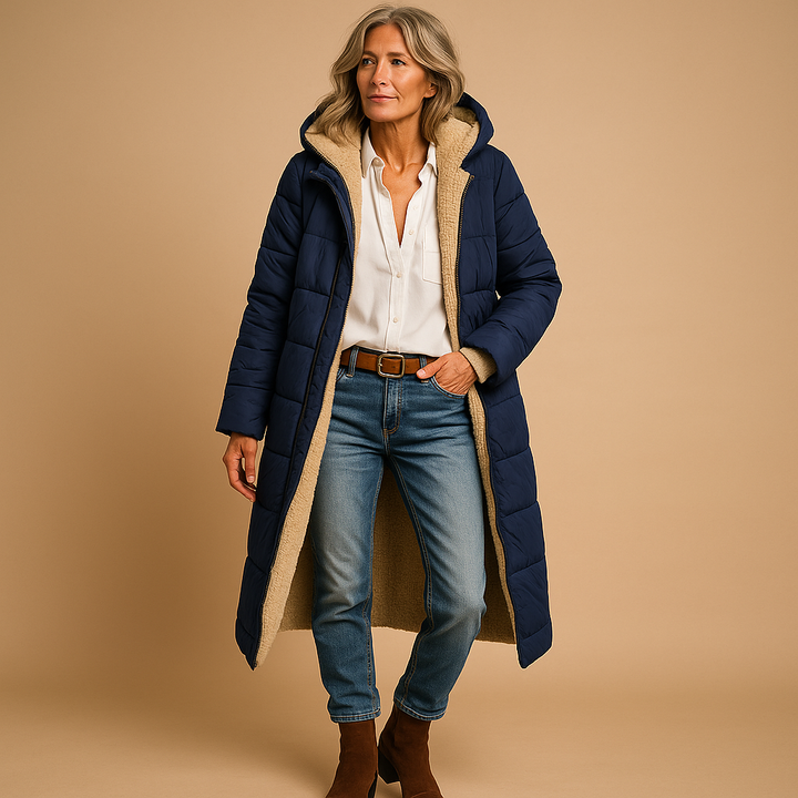 Langer Damen-Wintermantel mit Wattierung und elegantem Design