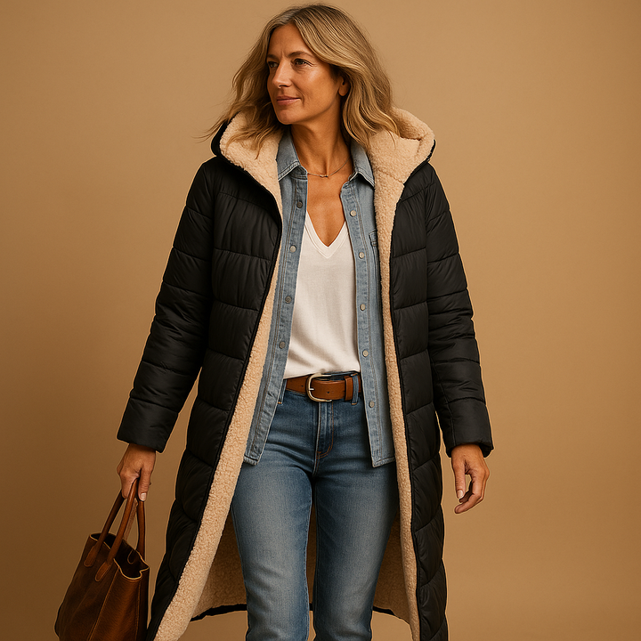 Langer Damen-Wintermantel mit Wattierung und elegantem Design