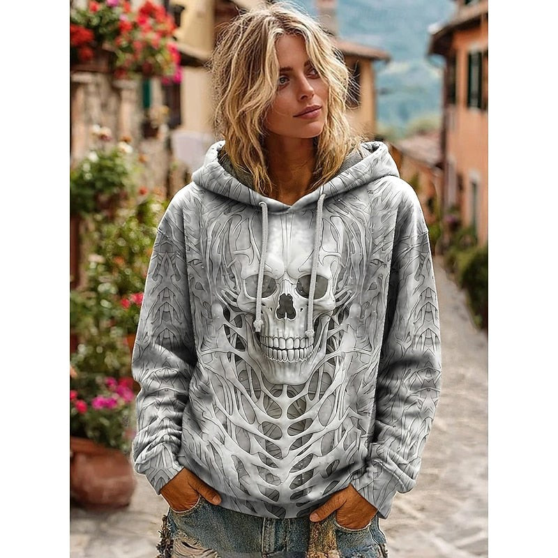 Hættetrøje med grafisk kraniemotiv til kvinder, sweatshirt med afslappet pasform til Halloween