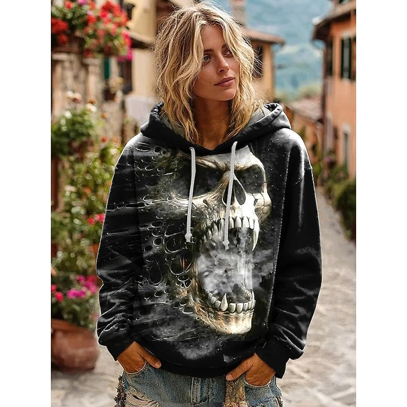 Hættetrøje med grafisk kraniemotiv til kvinder, sweatshirt med afslappet pasform til Halloween