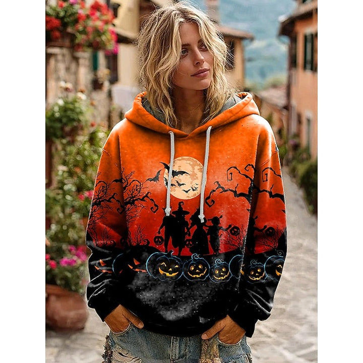 Hættetrøje med grafisk kraniemotiv til kvinder, sweatshirt med afslappet pasform til Halloween