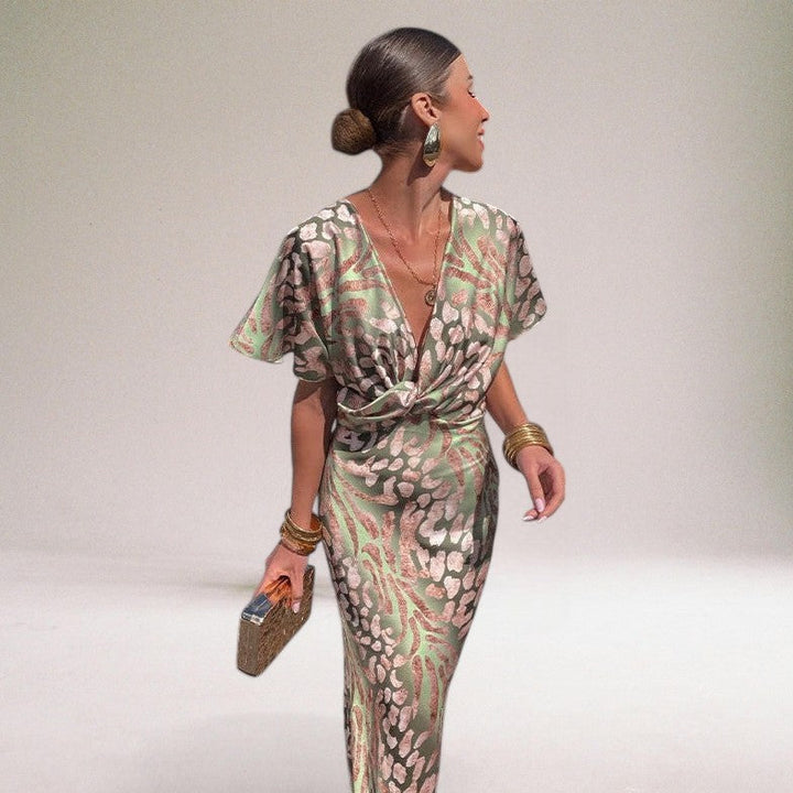 Leah | Women's V-Neck Floral Midi Dress-Metro Lane Plaza
