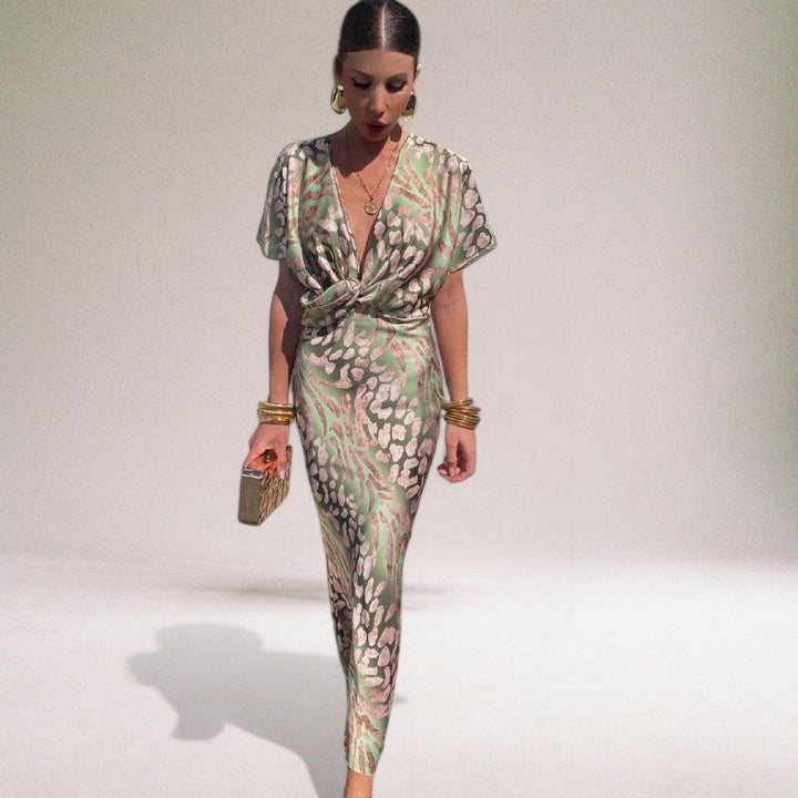 Leah | Women's V-Neck Floral Midi Dress-Metro Lane Plaza