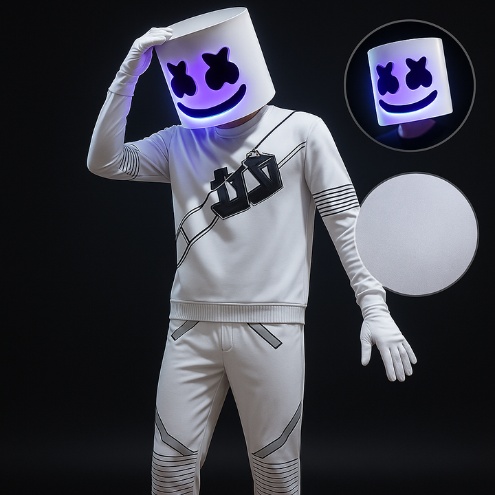 Set costume da DJ con luci LED per Halloween, con maschera, felpa con cappuccio e pantaloni