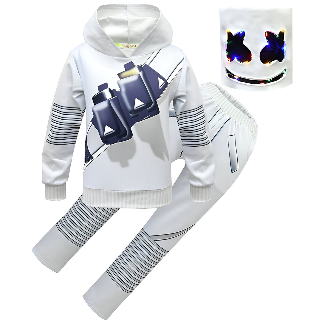 Set costume da DJ con luci LED per Halloween, con maschera, felpa con cappuccio e pantaloni