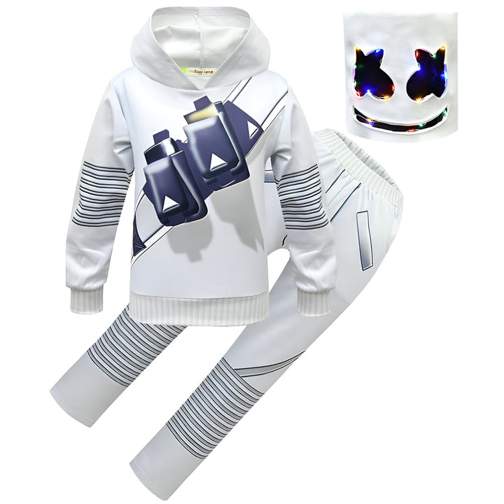 Set costume da DJ con luci LED per Halloween, con maschera, felpa con cappuccio e pantaloni
