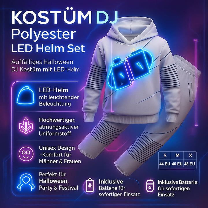 Set costume da DJ con luci LED per Halloween, con maschera, felpa con cappuccio e pantaloni
