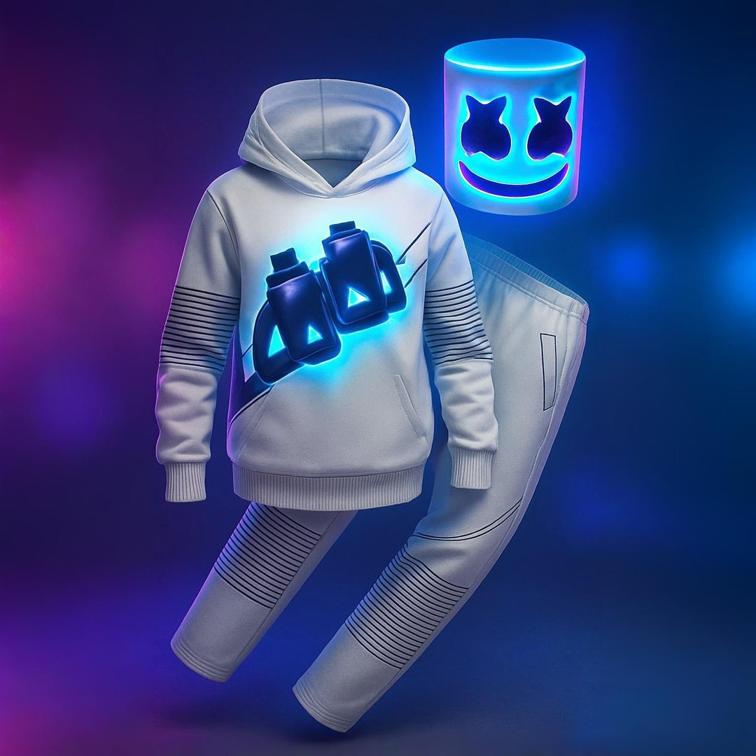 Set costume da DJ con luci LED per Halloween, con maschera, felpa con cappuccio e pantaloni